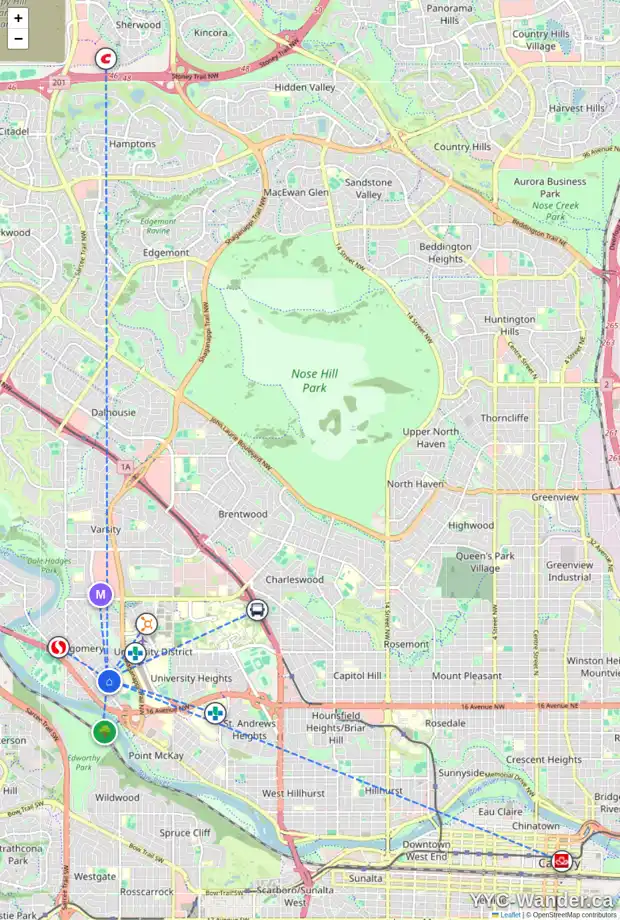 Daily accessibility map for 4428 19 AV NW, Calgary showing nearby schools, grocery stores, parks, LRT stations and nearby amenities