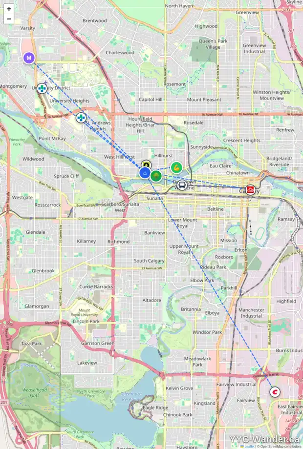 Daily accessibility map for 1919 BOWNESS RD NW, Calgary showing nearby schools, grocery stores, parks, LRT stations and nearby amenities