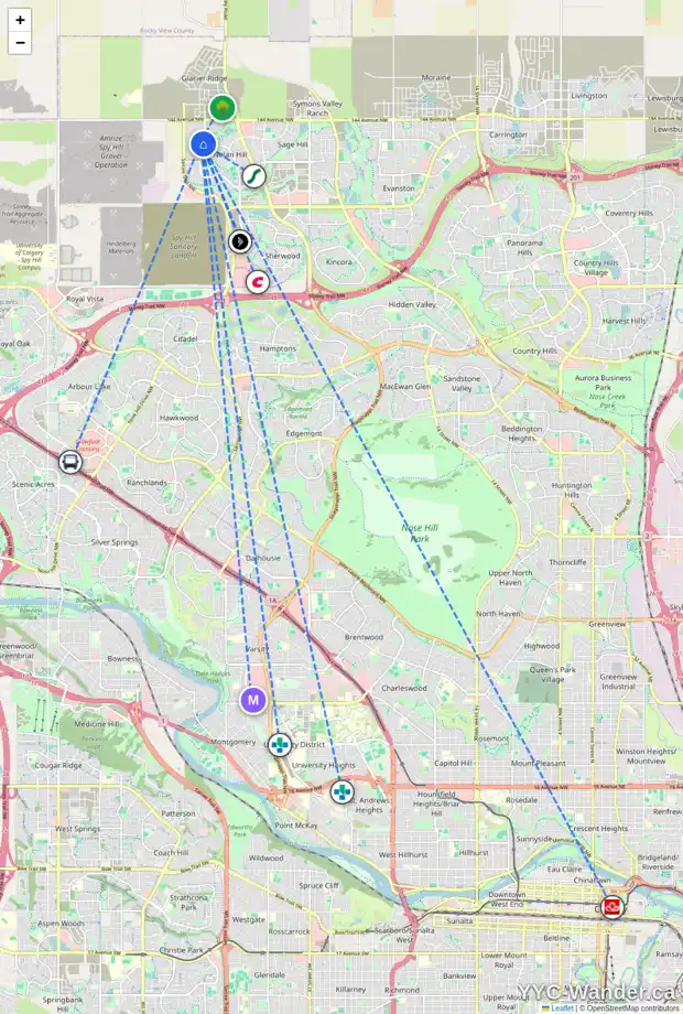 Daily accessibility map for 28 NOLANHURST GR NW, Calgary showing nearby schools, grocery stores, parks, LRT stations and nearby amenities