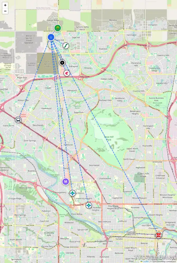 Daily accessibility map for 96 NOLANHURST WY NW, Calgary showing nearby schools, grocery stores, parks, LRT stations and nearby amenities