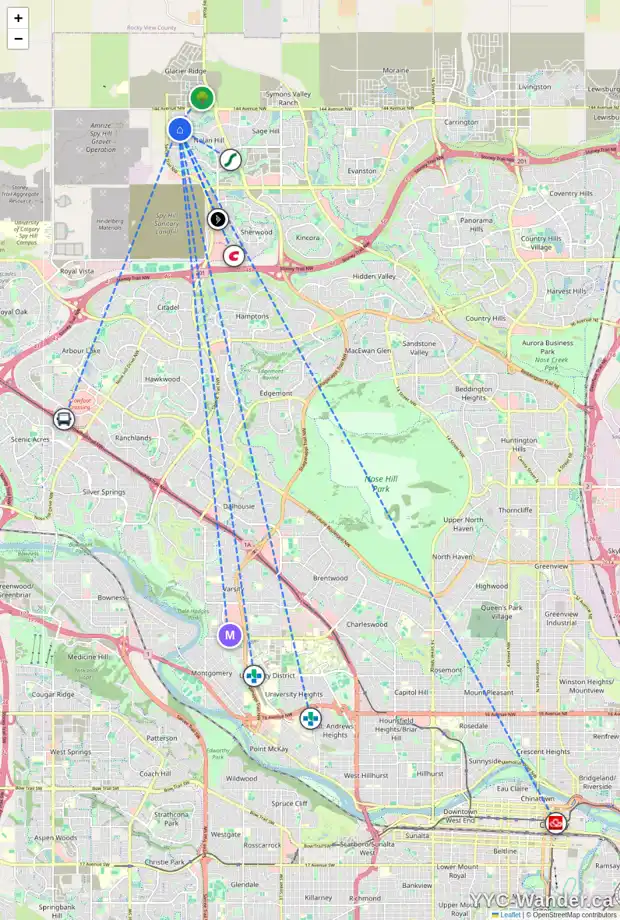 Daily accessibility map for 73 NOLANHURST GR NW, Calgary showing nearby schools, grocery stores, parks, LRT stations and nearby amenities