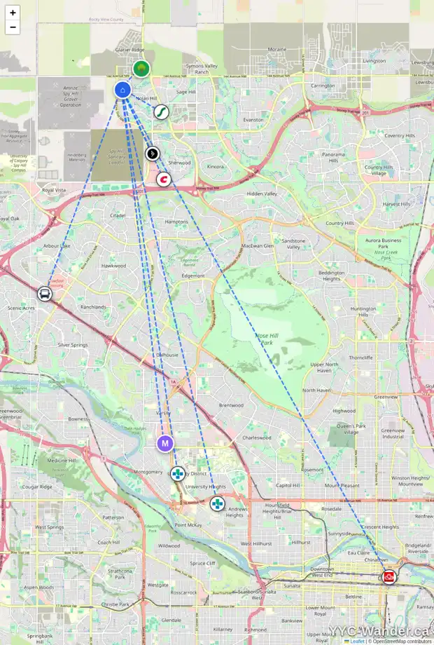 Daily accessibility map for 125 NOLANHURST WY NW, Calgary showing nearby schools, grocery stores, parks, LRT stations and nearby amenities