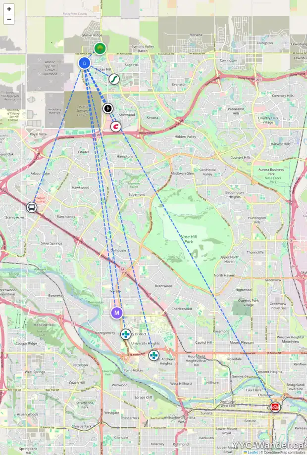 Daily accessibility map for 216 NOLANHURST PL NW, Calgary showing nearby schools, grocery stores, parks, LRT stations and nearby amenities