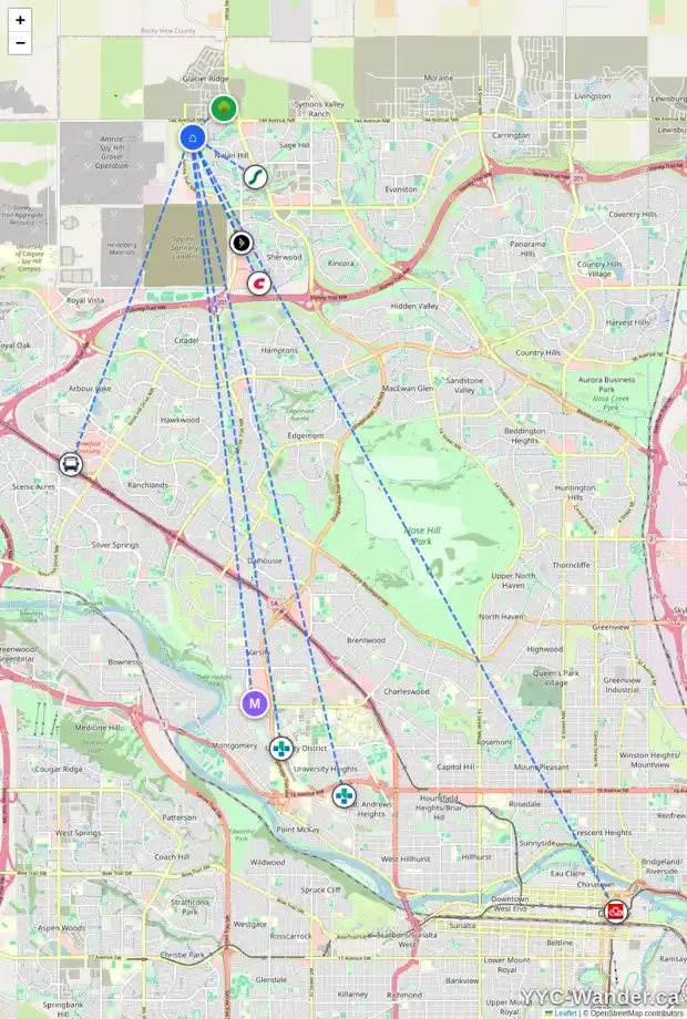 Daily accessibility map for 129 NOLANHURST PL NW, Calgary showing nearby schools, grocery stores, parks, LRT stations and nearby amenities