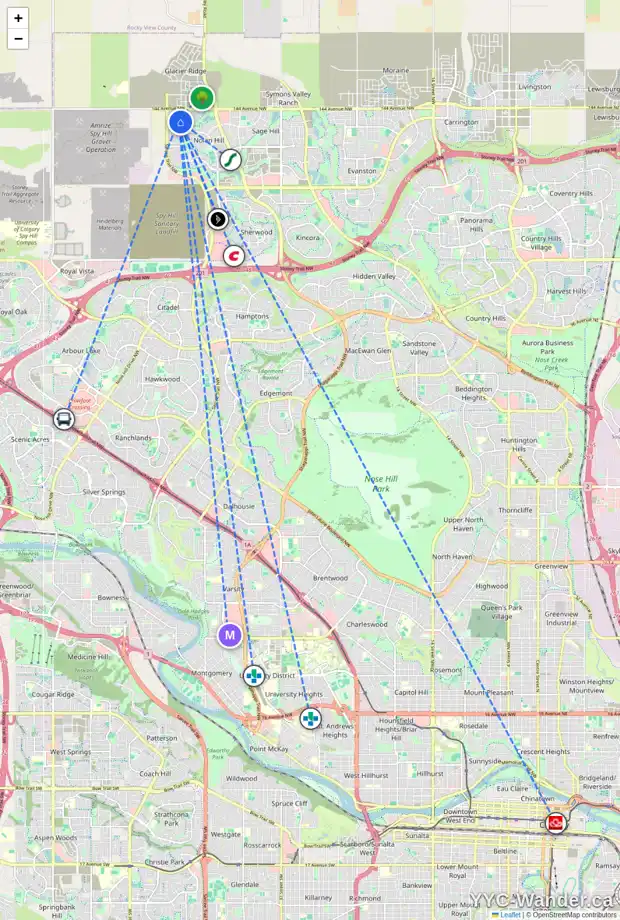 Daily accessibility map for 202 NOLANHURST WY NW, Calgary showing nearby schools, grocery stores, parks, LRT stations and nearby amenities