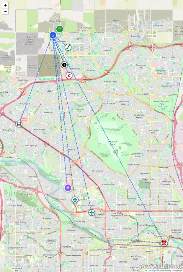 Daily accessibility map for 201 NOLANHURST WY NW, Calgary showing nearby schools, grocery stores, parks, LRT stations and nearby amenities