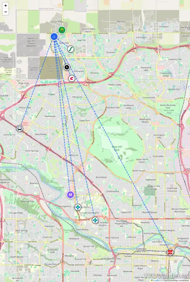 Daily accessibility map for 195 NOLANHURST HT NW, Calgary showing nearby schools, grocery stores, parks, LRT stations and nearby amenities