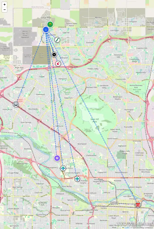Daily accessibility map for 12 NOLANHURST HT NW, Calgary showing nearby schools, grocery stores, parks, LRT stations and nearby amenities