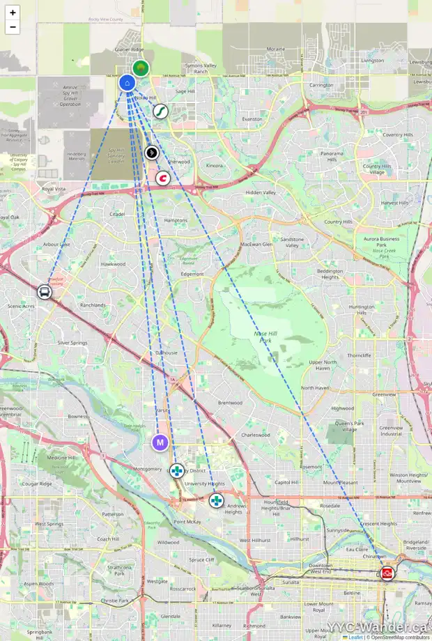Daily accessibility map for 229 NOLANHURST WY NW, Calgary showing nearby schools, grocery stores, parks, LRT stations and nearby amenities