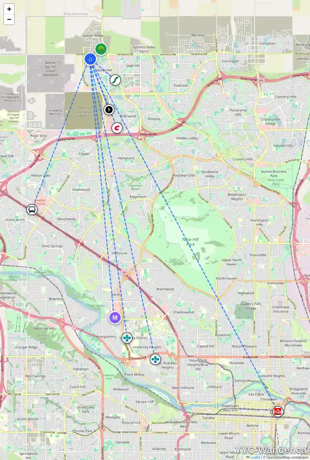 Daily accessibility map for 10 NOLANHURST CM NW, Calgary showing nearby schools, grocery stores, parks, LRT stations and nearby amenities