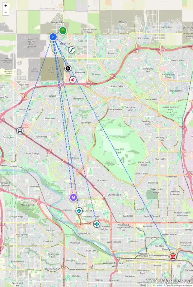 Daily accessibility map for 234 NOLANHURST BA NW, Calgary showing nearby schools, grocery stores, parks, LRT stations and nearby amenities