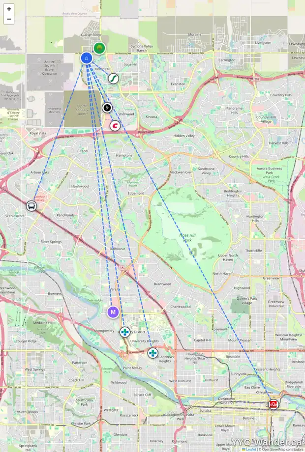 Daily accessibility map for 179 NOLANHURST HT NW, Calgary showing nearby schools, grocery stores, parks, LRT stations and nearby amenities