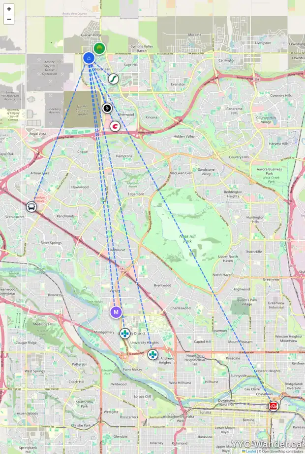 Daily accessibility map for 22 NOLANHURST CM NW, Calgary showing nearby schools, grocery stores, parks, LRT stations and nearby amenities