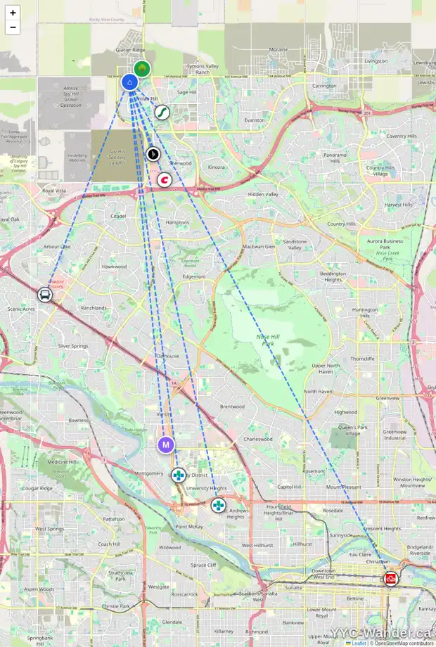 Daily accessibility map for 28 NOLANHURST HT NW, Calgary showing nearby schools, grocery stores, parks, LRT stations and nearby amenities