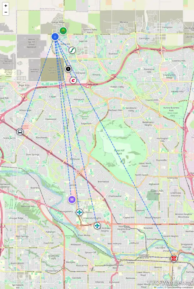 Daily accessibility map for 171 NOLANHURST HT NW, Calgary showing nearby schools, grocery stores, parks, LRT stations and nearby amenities