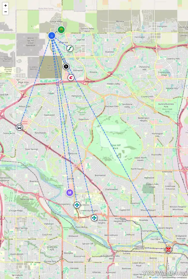 Daily accessibility map for 230 NOLANHURST BA NW, Calgary showing nearby schools, grocery stores, parks, LRT stations and nearby amenities