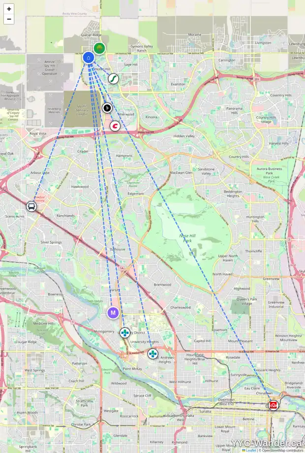 Daily accessibility map for 26 NOLANHURST CM NW, Calgary showing nearby schools, grocery stores, parks, LRT stations and nearby amenities
