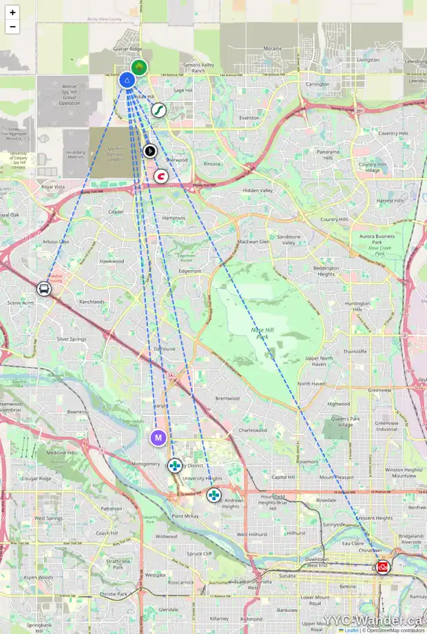 Daily accessibility map for 36 NOLANHURST HT NW, Calgary showing nearby schools, grocery stores, parks, LRT stations and nearby amenities