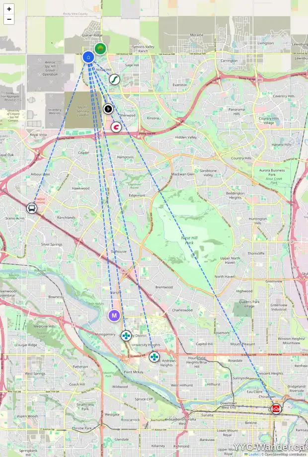 Daily accessibility map for 49 NOLANHURST CM NW, Calgary showing nearby schools, grocery stores, parks, LRT stations and nearby amenities