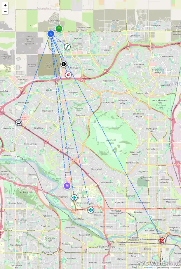 Daily accessibility map for 165 NOLANHURST BA NW, Calgary showing nearby schools, grocery stores, parks, LRT stations and nearby amenities
