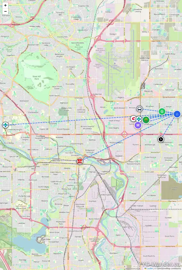 Daily accessibility map for 6743 34 AV NE, Calgary showing nearby schools, grocery stores, parks, LRT stations and nearby amenities