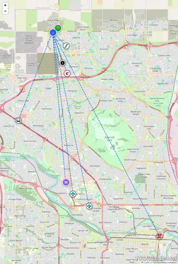 Daily accessibility map for 56 NOLANHURST HT NW, Calgary showing nearby schools, grocery stores, parks, LRT stations and nearby amenities