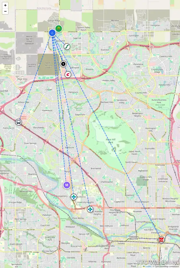 Daily accessibility map for 96 NOLANHURST HT NW, Calgary showing nearby schools, grocery stores, parks, LRT stations and nearby amenities