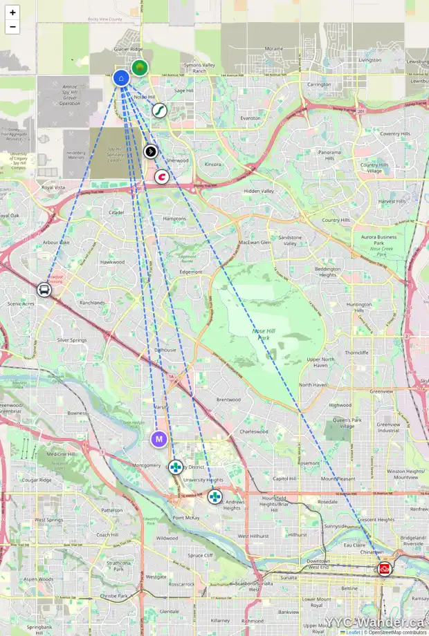 Daily accessibility map for 140 NOLANHURST HT NW, Calgary showing nearby schools, grocery stores, parks, LRT stations and nearby amenities