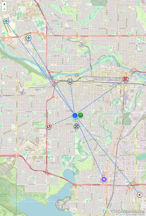 Daily accessibility map for 1 1531 28 AV SW, Calgary showing nearby schools, grocery stores, parks, LRT stations and nearby amenities