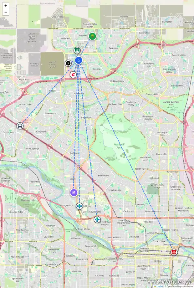 Daily accessibility map for 5 SHERWOOD RO NW, Calgary showing nearby schools, grocery stores, parks, LRT stations and nearby amenities