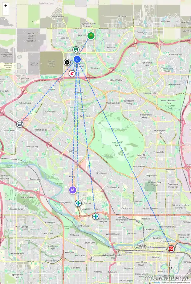 Daily accessibility map for 6 SHERWOOD RO NW, Calgary showing nearby schools, grocery stores, parks, LRT stations and nearby amenities