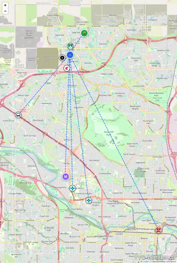 Daily accessibility map for 73 SHERWOOD RO NW, Calgary showing nearby schools, grocery stores, parks, LRT stations and nearby amenities