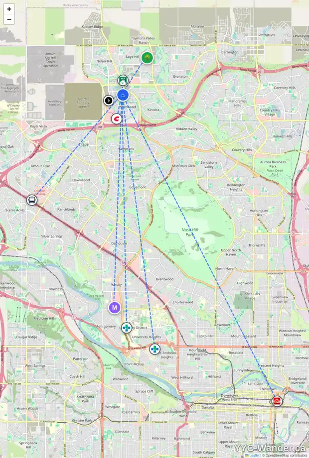 Daily accessibility map for 86 SHERWOOD RO NW, Calgary showing nearby schools, grocery stores, parks, LRT stations and nearby amenities