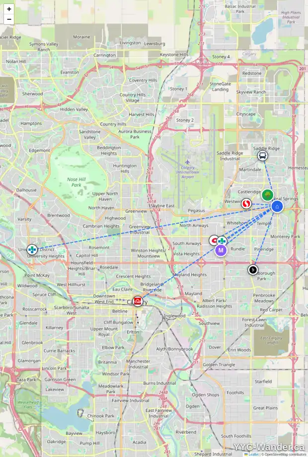 Daily accessibility map for 107 FALBURY CR NE, Calgary showing nearby schools, grocery stores, parks, LRT stations and nearby amenities