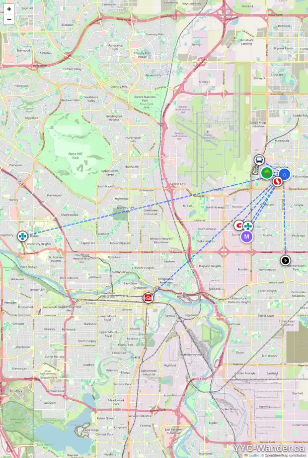 Daily accessibility map for 27 CASTLEBROOK DR NE, Calgary showing nearby schools, grocery stores, parks, LRT stations and nearby amenities