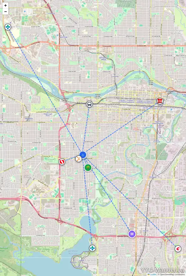 Daily accessibility map for 1839 31 AV SW, Calgary showing nearby schools, grocery stores, parks, LRT stations and nearby amenities
