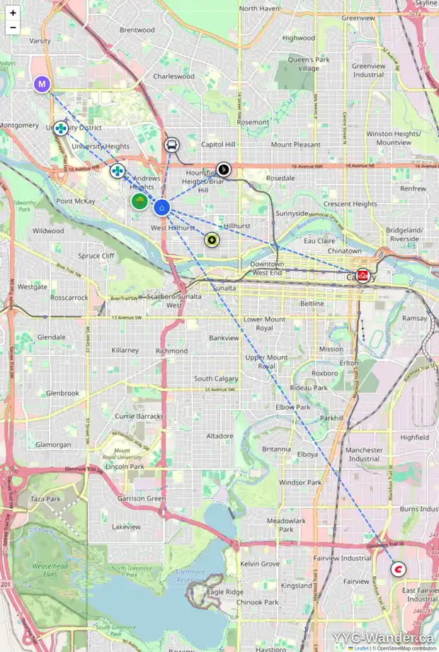 Daily accessibility map for 2518 7 AV NW, Calgary showing nearby schools, grocery stores, parks, LRT stations and nearby amenities