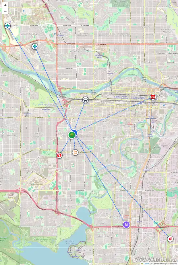 Daily accessibility map for 2533 19A ST SW, Calgary showing nearby schools, grocery stores, parks, LRT stations and nearby amenities
