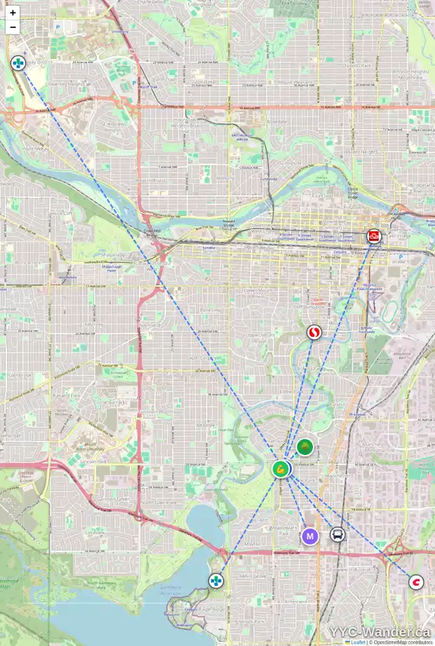 Daily accessibility map for 5112 ELBOW DR SW, Calgary showing nearby schools, grocery stores, parks, LRT stations and nearby amenities