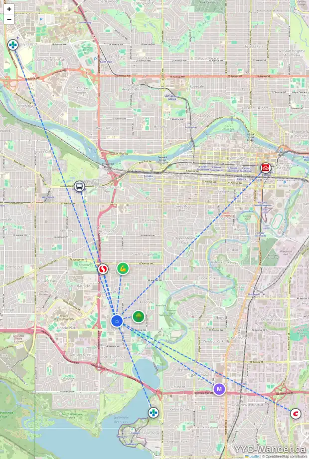 Daily accessibility map for 4906 21 ST SW, Calgary showing nearby schools, grocery stores, parks, LRT stations and nearby amenities