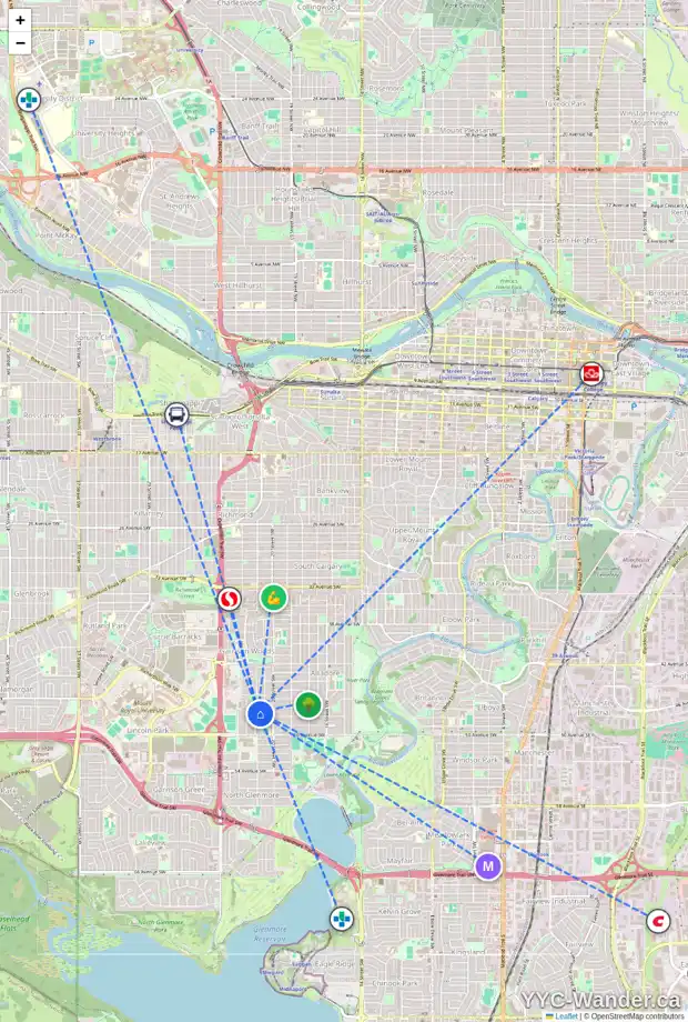Daily accessibility map for 4904 21 ST SW, Calgary showing nearby schools, grocery stores, parks, LRT stations and nearby amenities