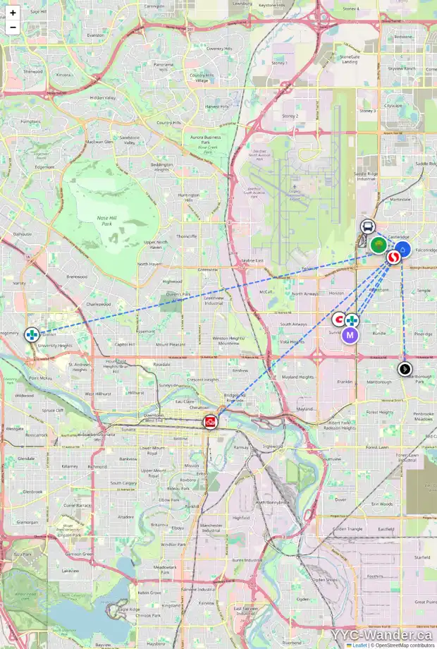 Daily accessibility map for 39 CASTLEFALL CR NE, Calgary showing nearby schools, grocery stores, parks, LRT stations and nearby amenities