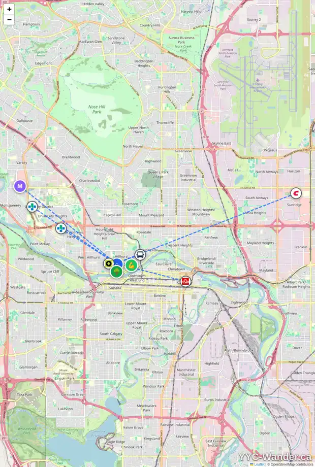 Daily accessibility map for 1 1718 KENSINGTON RD NW, Calgary showing nearby schools, grocery stores, parks, LRT stations and nearby amenities