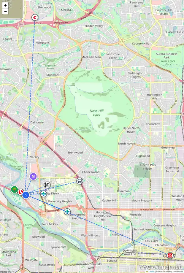Daily accessibility map for 2 4805 BOWNESS RD NW, Calgary showing nearby schools, grocery stores, parks, LRT stations and nearby amenities