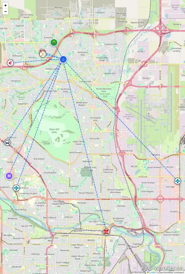 Daily accessibility map for 213 HIDDEN CREEK BV NW, Calgary showing nearby schools, grocery stores, parks, LRT stations and nearby amenities