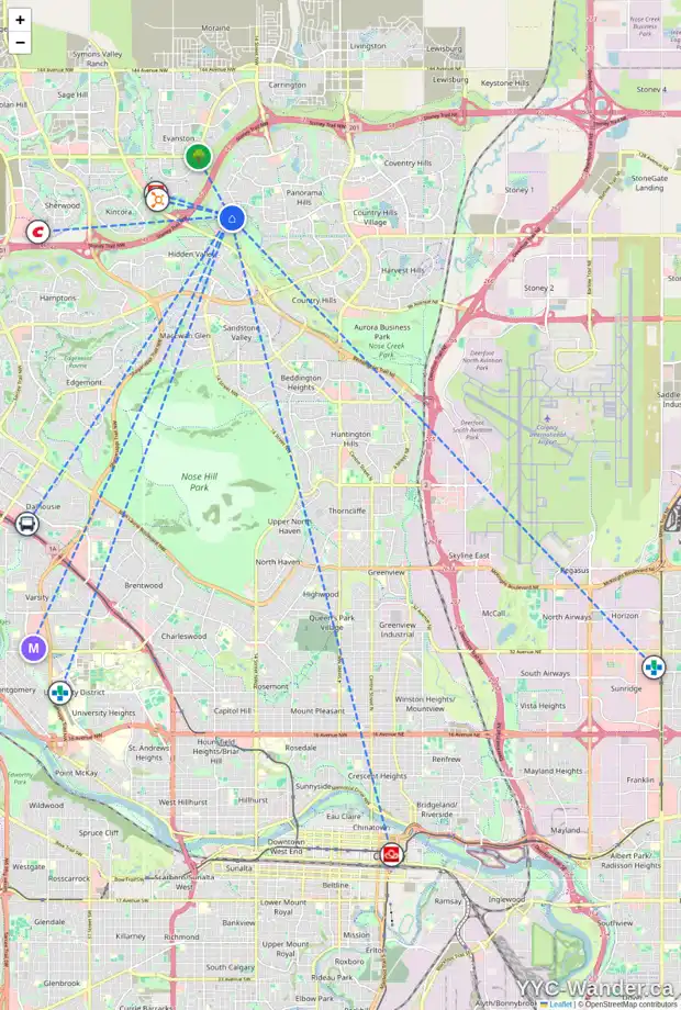 Daily accessibility map for 217 HIDDEN CREEK BV NW, Calgary showing nearby schools, grocery stores, parks, LRT stations and nearby amenities