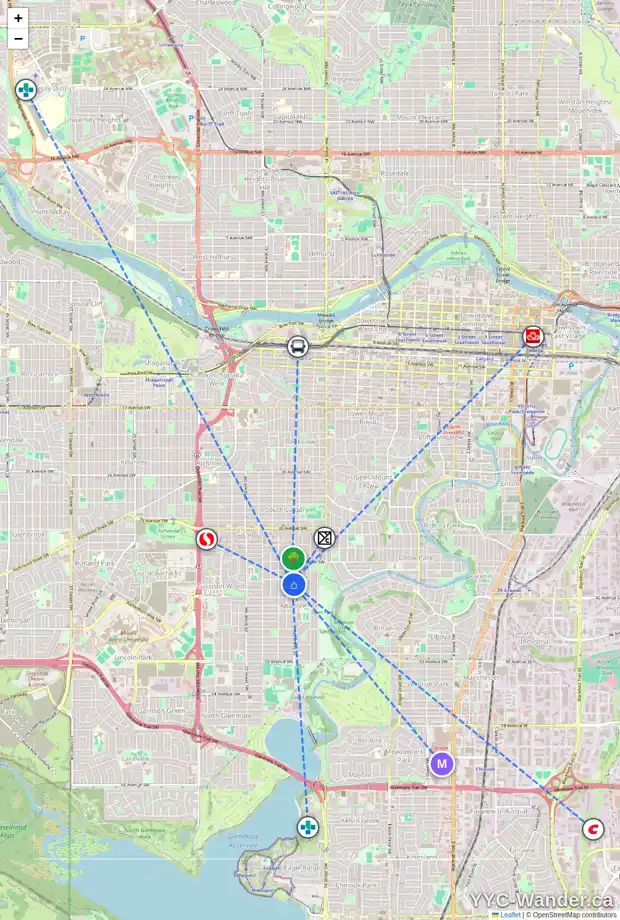 Daily accessibility map for 4109 16 ST SW, Calgary showing nearby schools, grocery stores, parks, LRT stations and nearby amenities