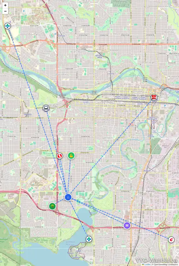 Daily accessibility map for 2139 52 AV SW, Calgary showing nearby schools, grocery stores, parks, LRT stations and nearby amenities