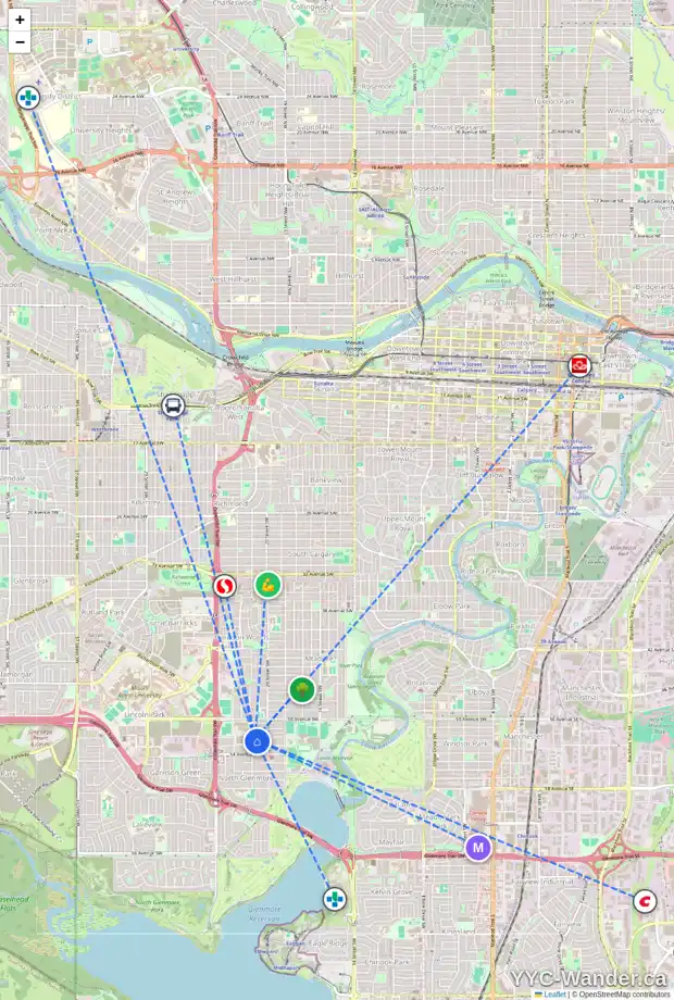 Daily accessibility map for 2137 52 AV SW, Calgary showing nearby schools, grocery stores, parks, LRT stations and nearby amenities