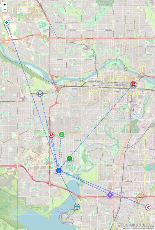 Daily accessibility map for 2141 52 AV SW, Calgary showing nearby schools, grocery stores, parks, LRT stations and nearby amenities